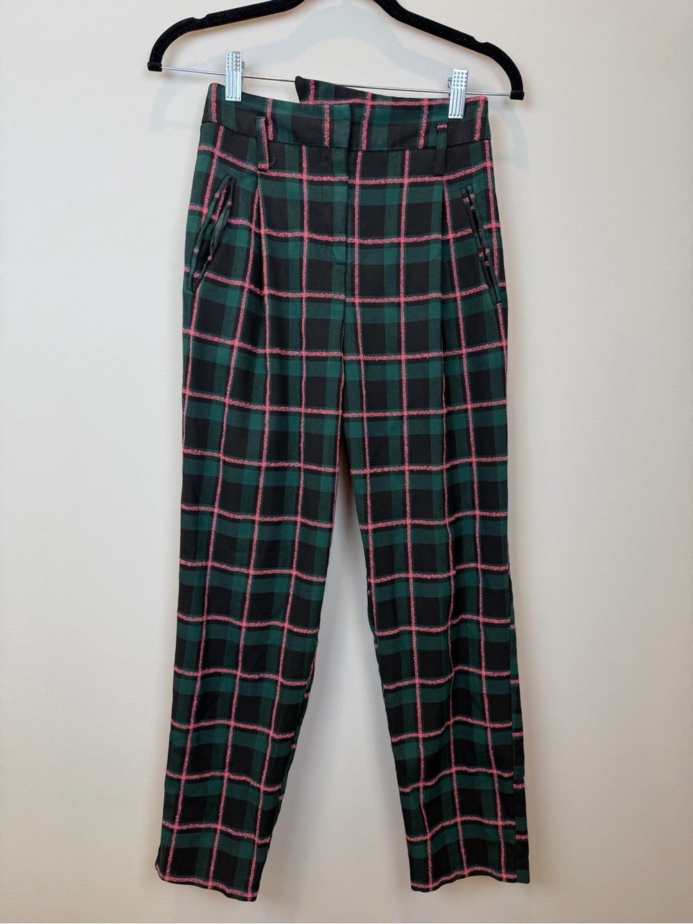 Topshop Green & Black Plaid Trousers Pink Grid High Rise Size 2